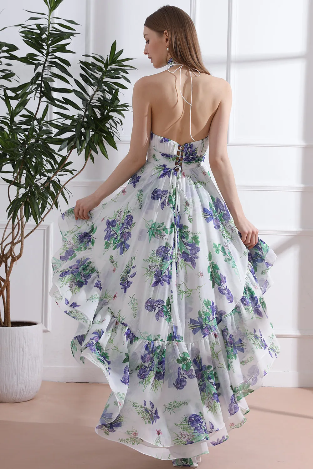 Halter High Neck Floral Print Chiffon High Low Dress