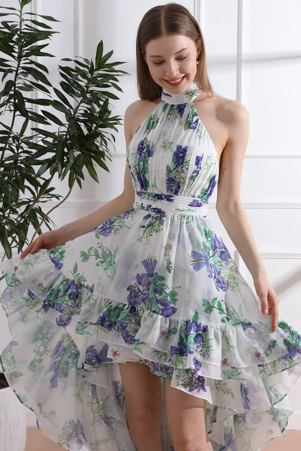 Halter High Neck Floral Print Chiffon High Low Dress