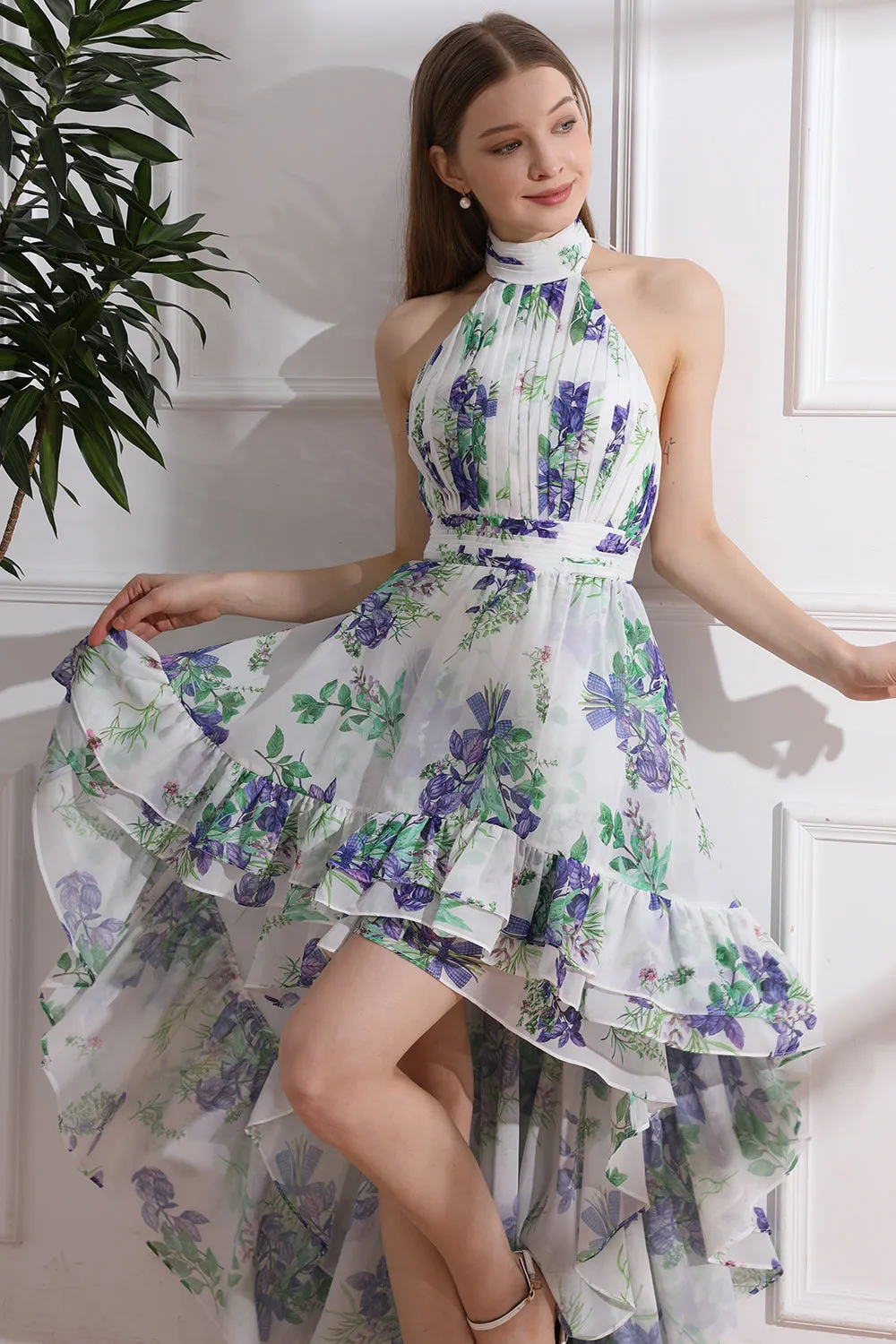 Halter High Neck Floral Print Chiffon High Low Dress