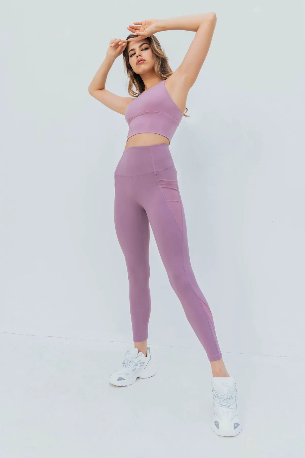 High Waist Mesh Panel Pocket and Ankle Detail Full Length Legging