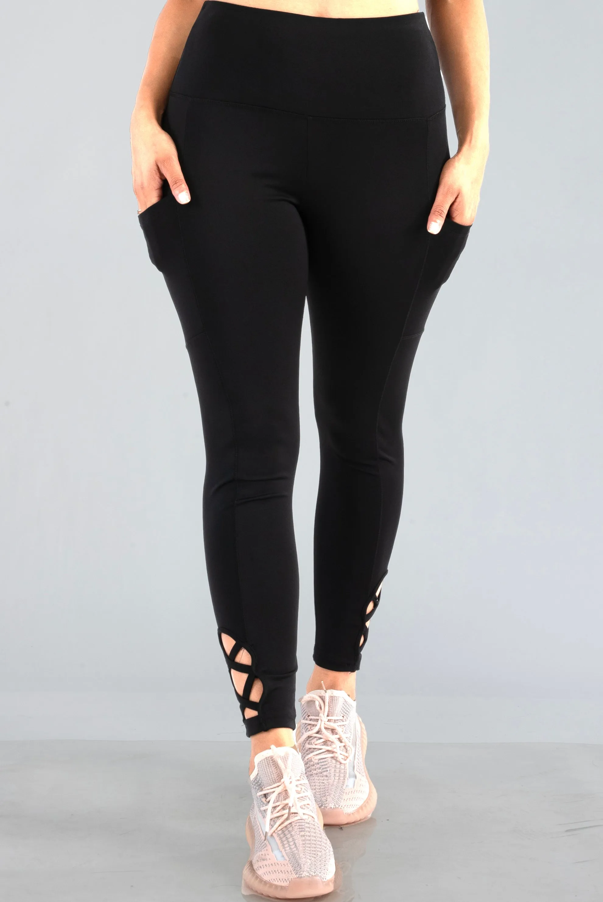 High Waist Tummy Control Sports Leggings With Side Pocket & Ankle Strap Detail - Black