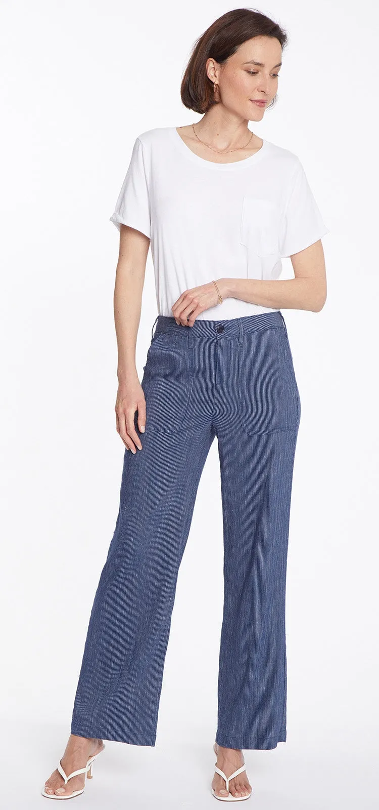 High Waisted Wide Leg Ankle Trouser Gestreept Stretch Linnen | Agua Stripe