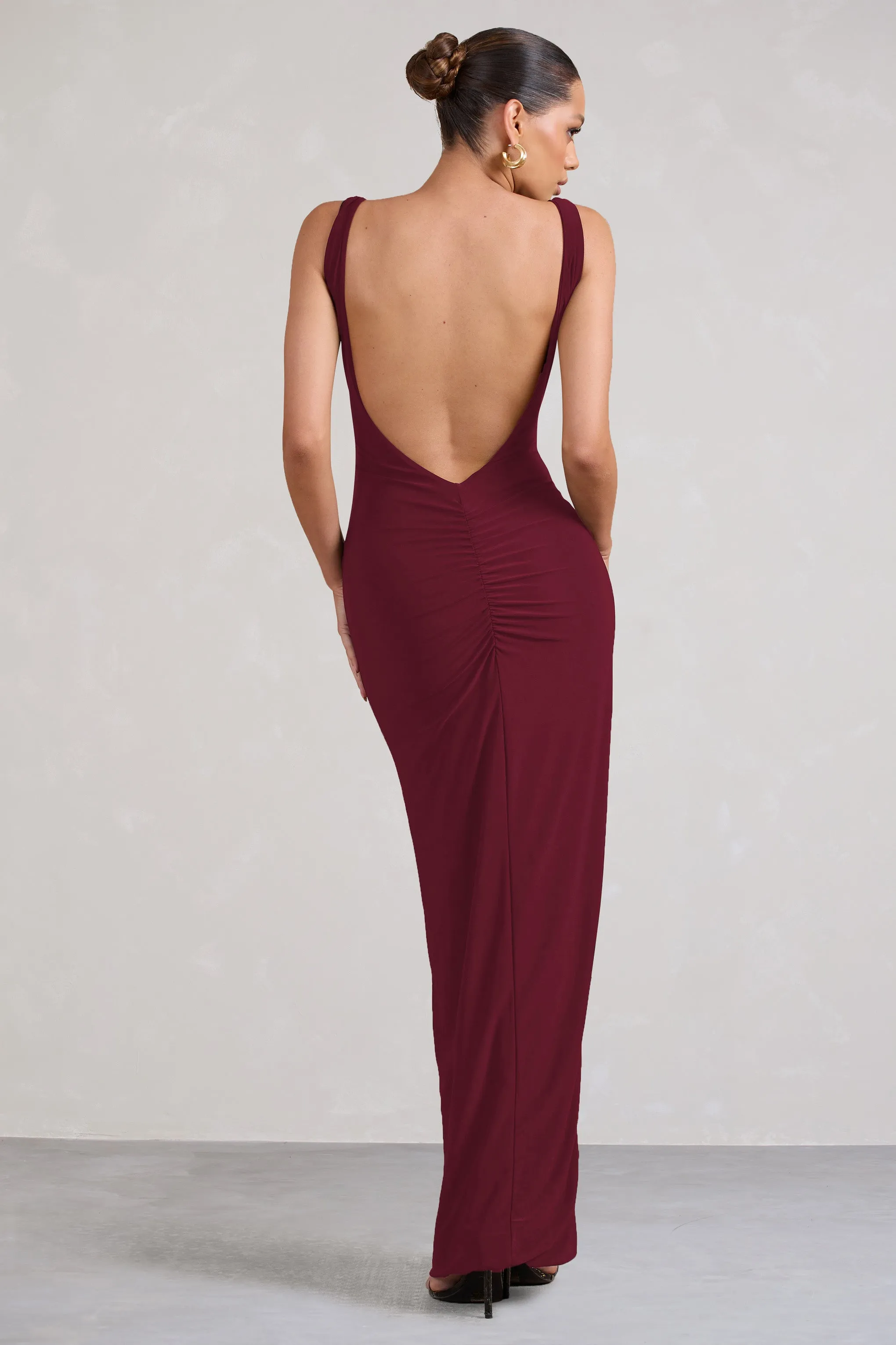 Kate | Berry Square Neck Maxi Dress with Plunge Back and Side Thigh Split