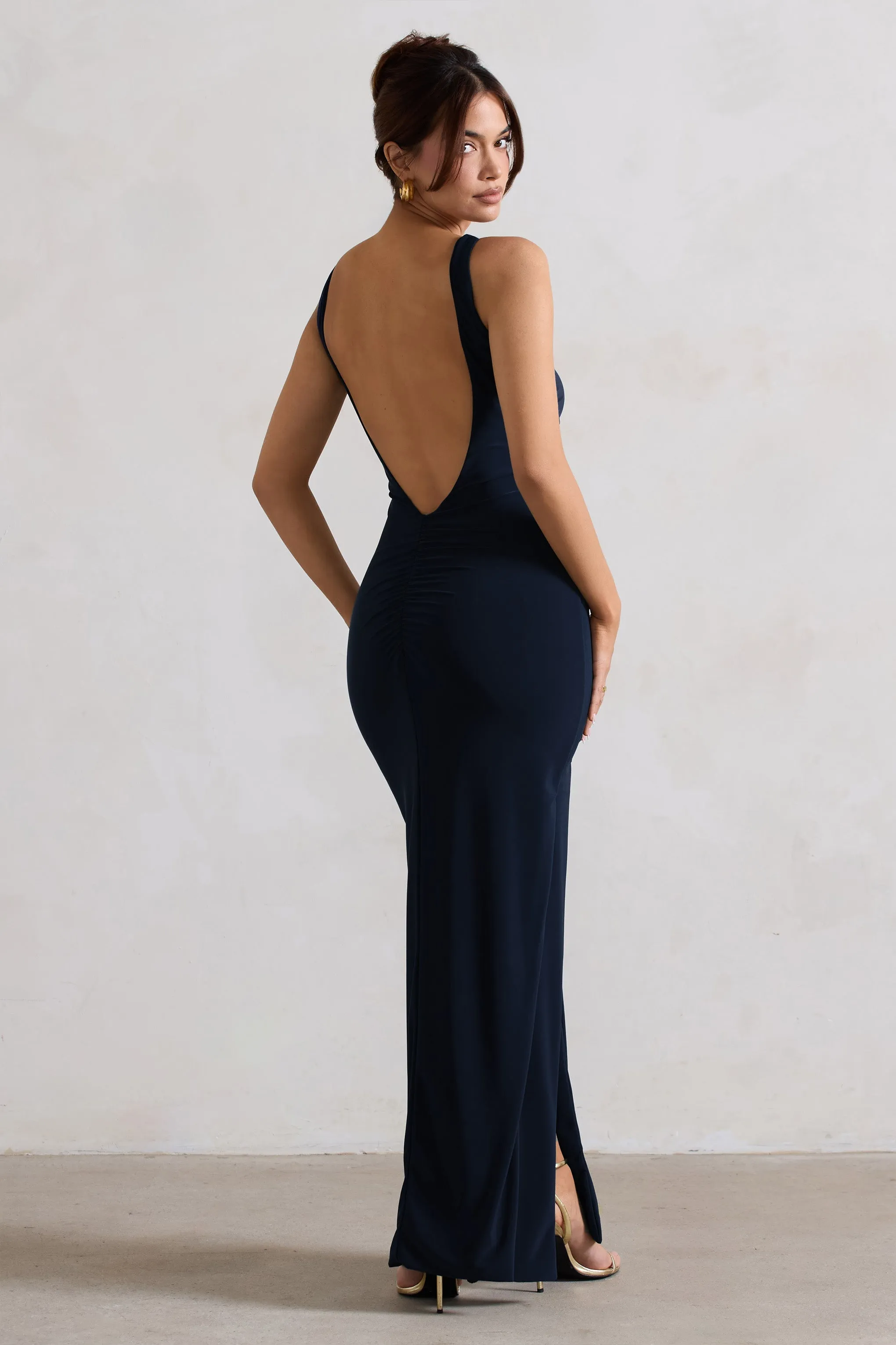 Kate | Navy Square Neck Maxi Dress with Plunge Back and Side Thigh Split