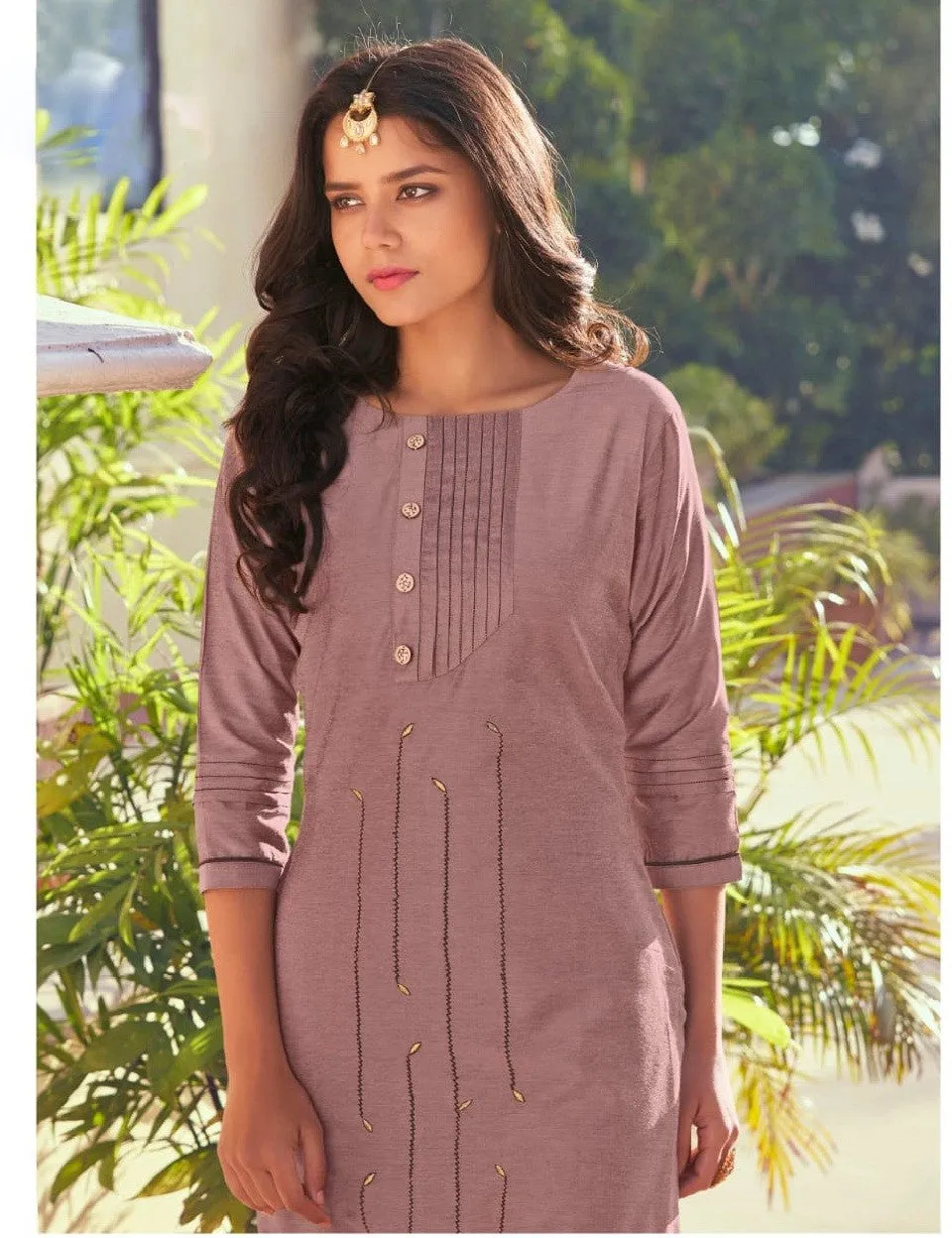 Lilac Brown Embroidery  Work Roman Silk Kurta Set