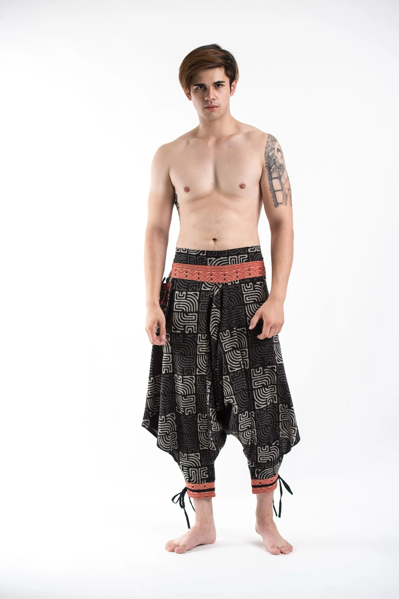 Maze Low Cut Thai Hill Tribe Fabric Men's Harem Pants with Ankle Straps