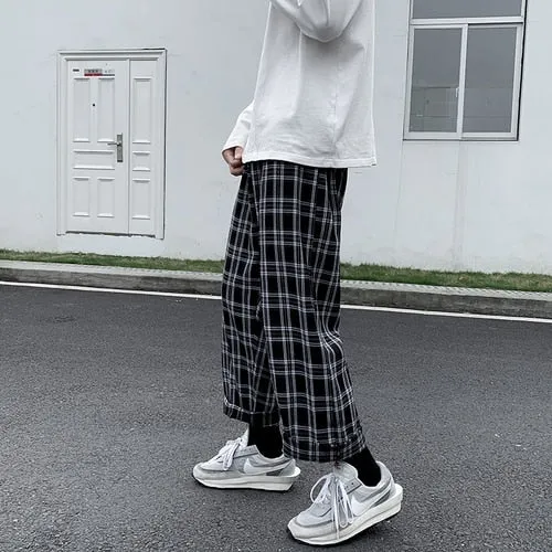 Men Casual Pants Plaid Ankle Length Loose Wide Leg All-match Elastic Waist Fashion Trousers Streetwear Harajuku Korean Retro Ins