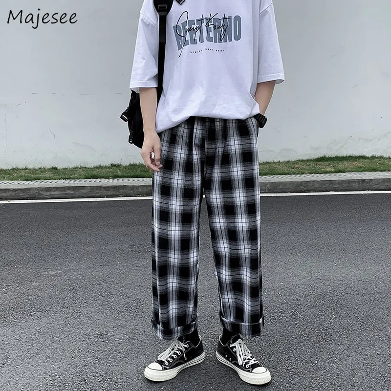 Men Casual Pants Plaid Ankle Length Loose Wide Leg All-match Elastic Waist Fashion Trousers Streetwear Harajuku Korean Retro Ins