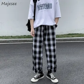 Men Casual Pants Plaid Ankle Length Loose Wide Leg All-match Elastic Waist Fashion Trousers Streetwear Harajuku Korean Retro Ins