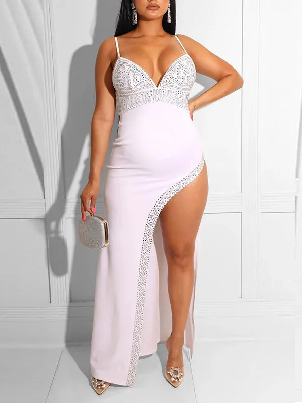 Momnfancy Rhinestone Spaghetti Straps Thigh High Side Slits Bodycon V-neck Elegant Chic Gowns Baby Shower Maternity Maxi Dress