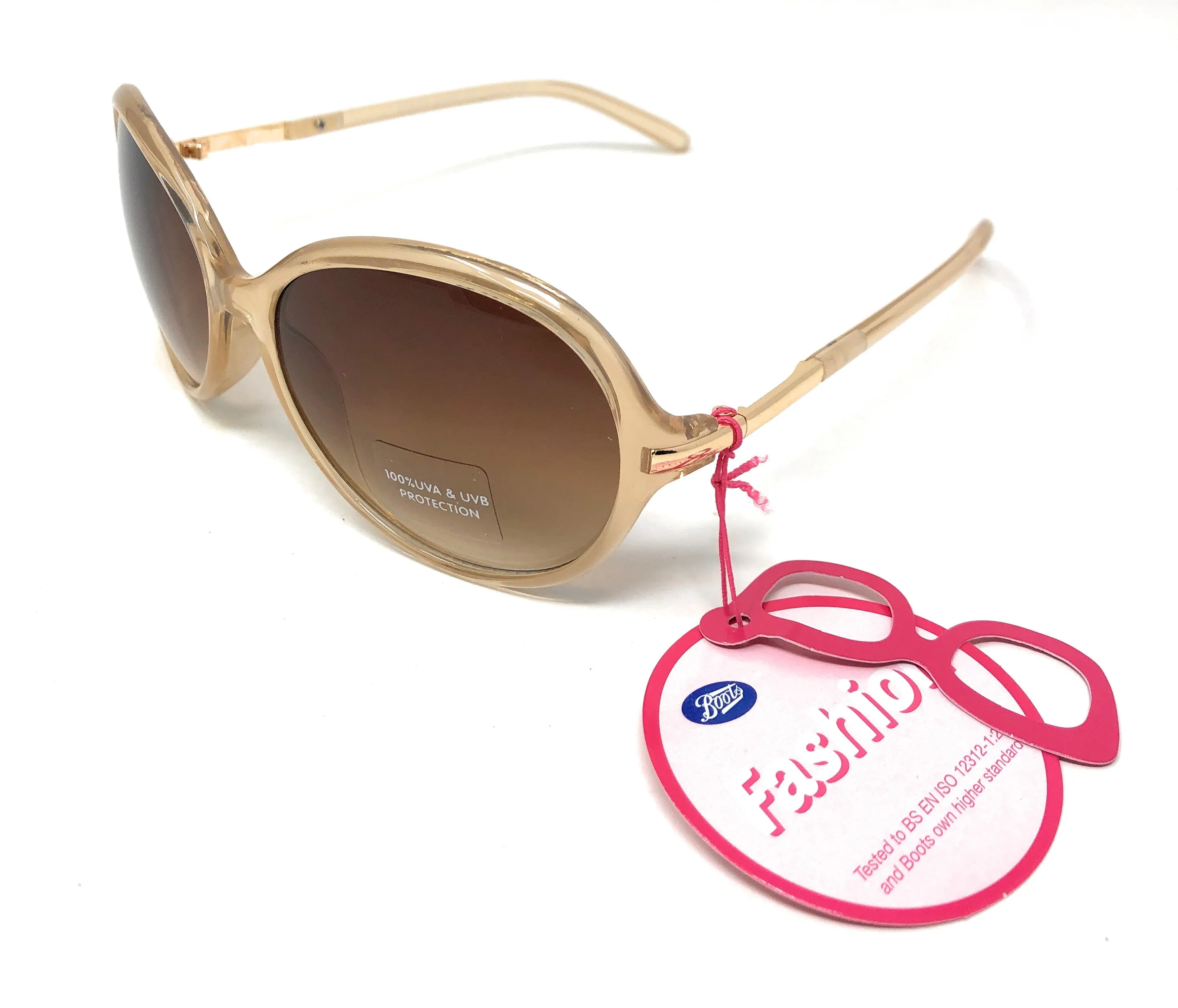 Oversized Women's Sunglasses by Boots (model 135I) Translucent Gold Frame and Brown Lenses with full UV Protection