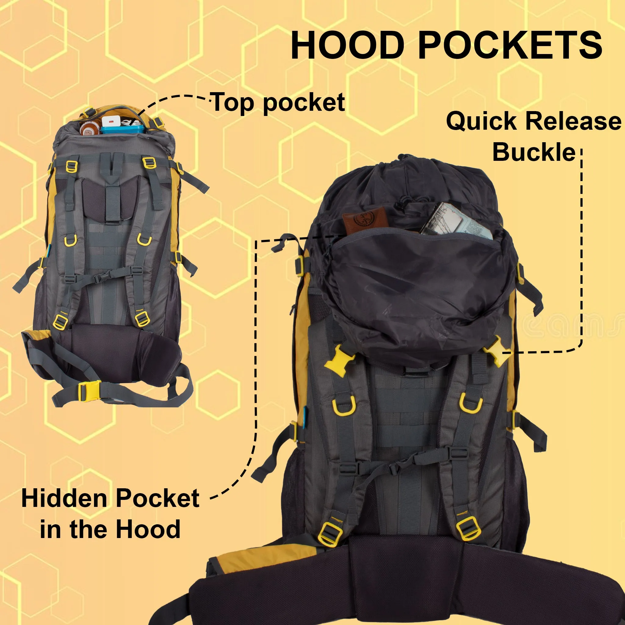 Penny 75L Yellow Gry Rucksack with Rain Cover