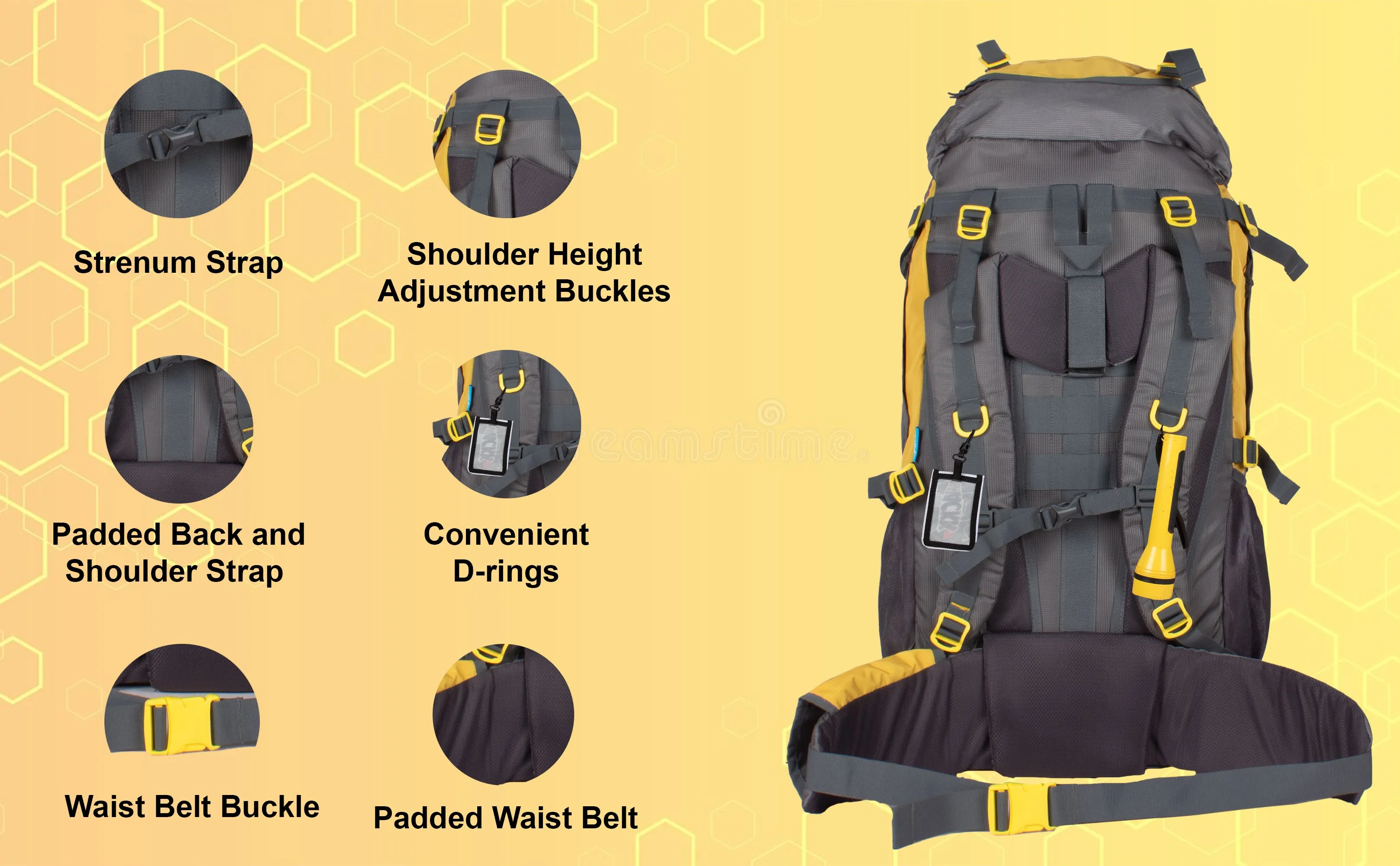 Penny 75L Yellow Gry Rucksack with Rain Cover