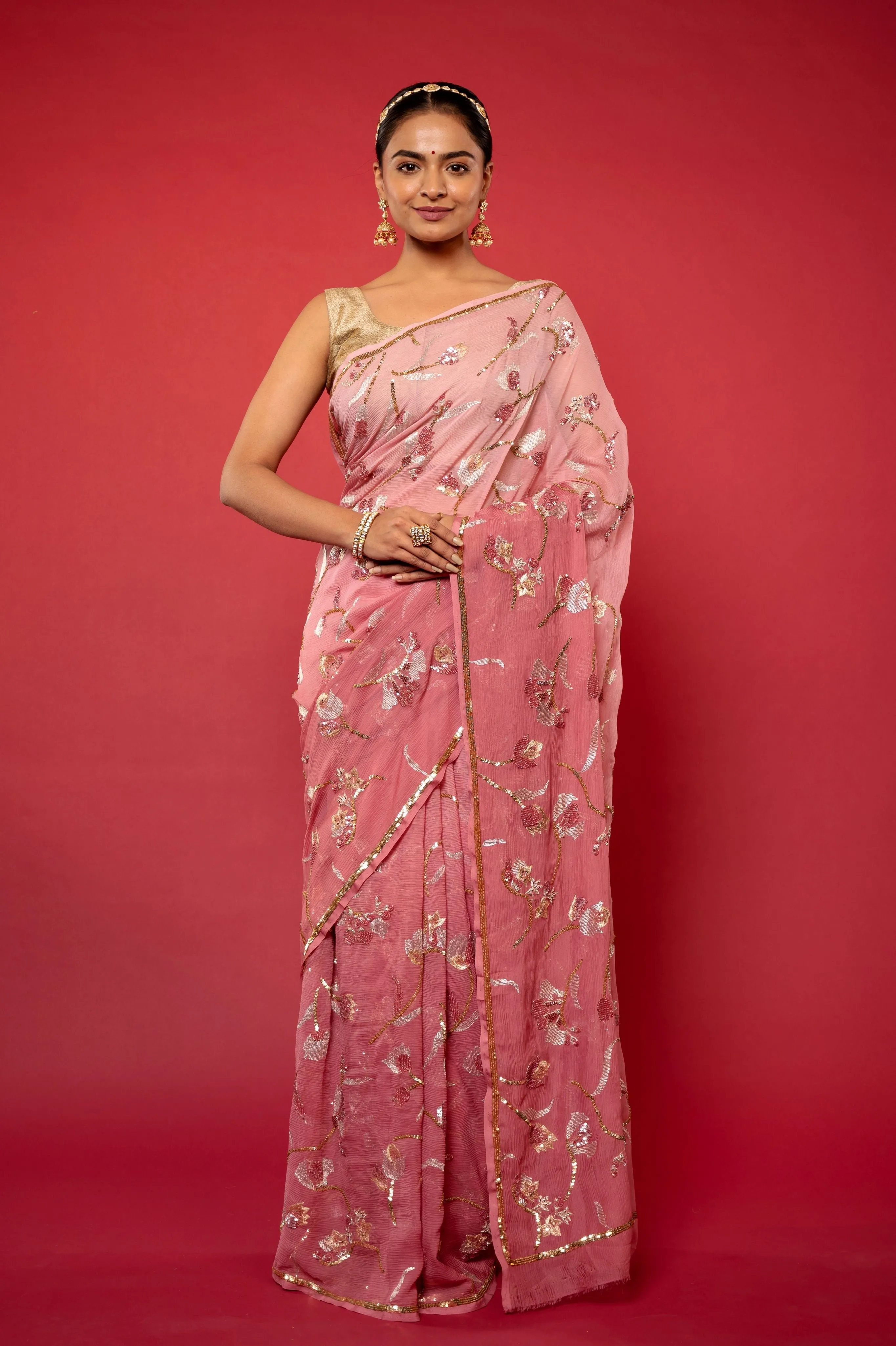 Pink Pure Chiffon Aari sequins Jaal work Saree