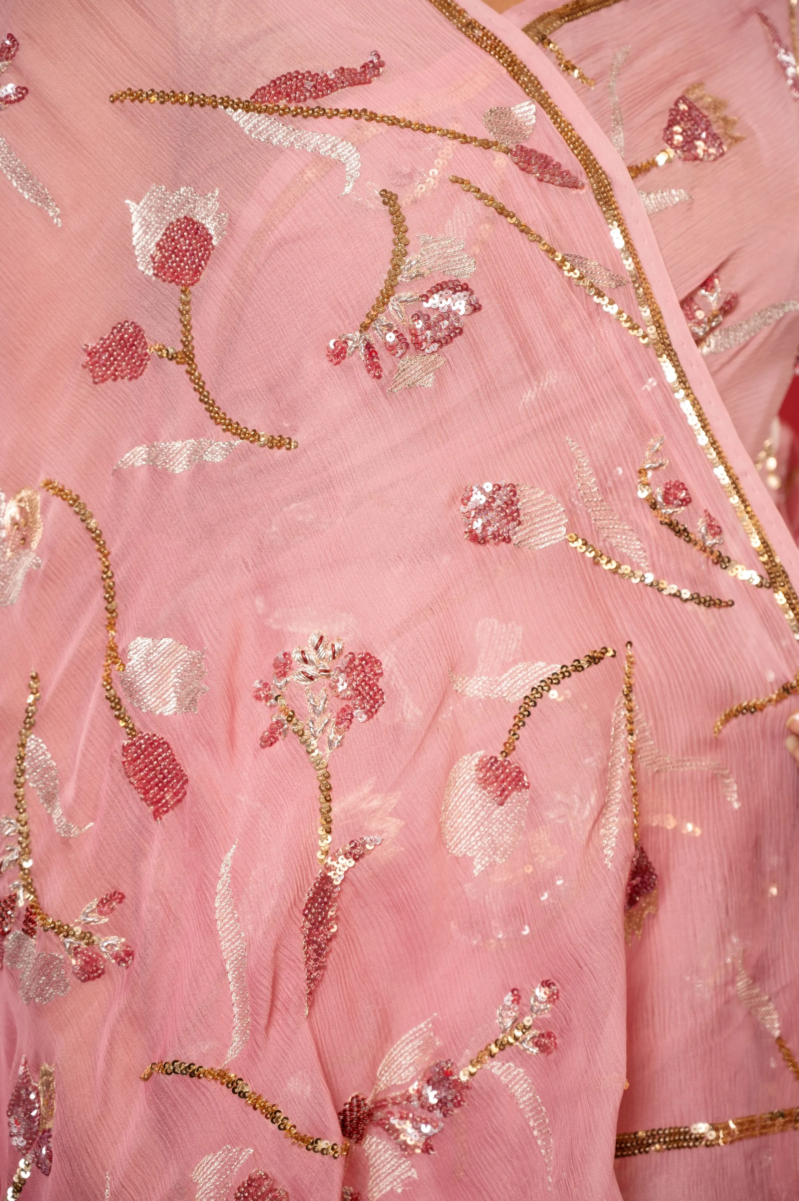 Pink Pure Chiffon Aari sequins Jaal work Saree