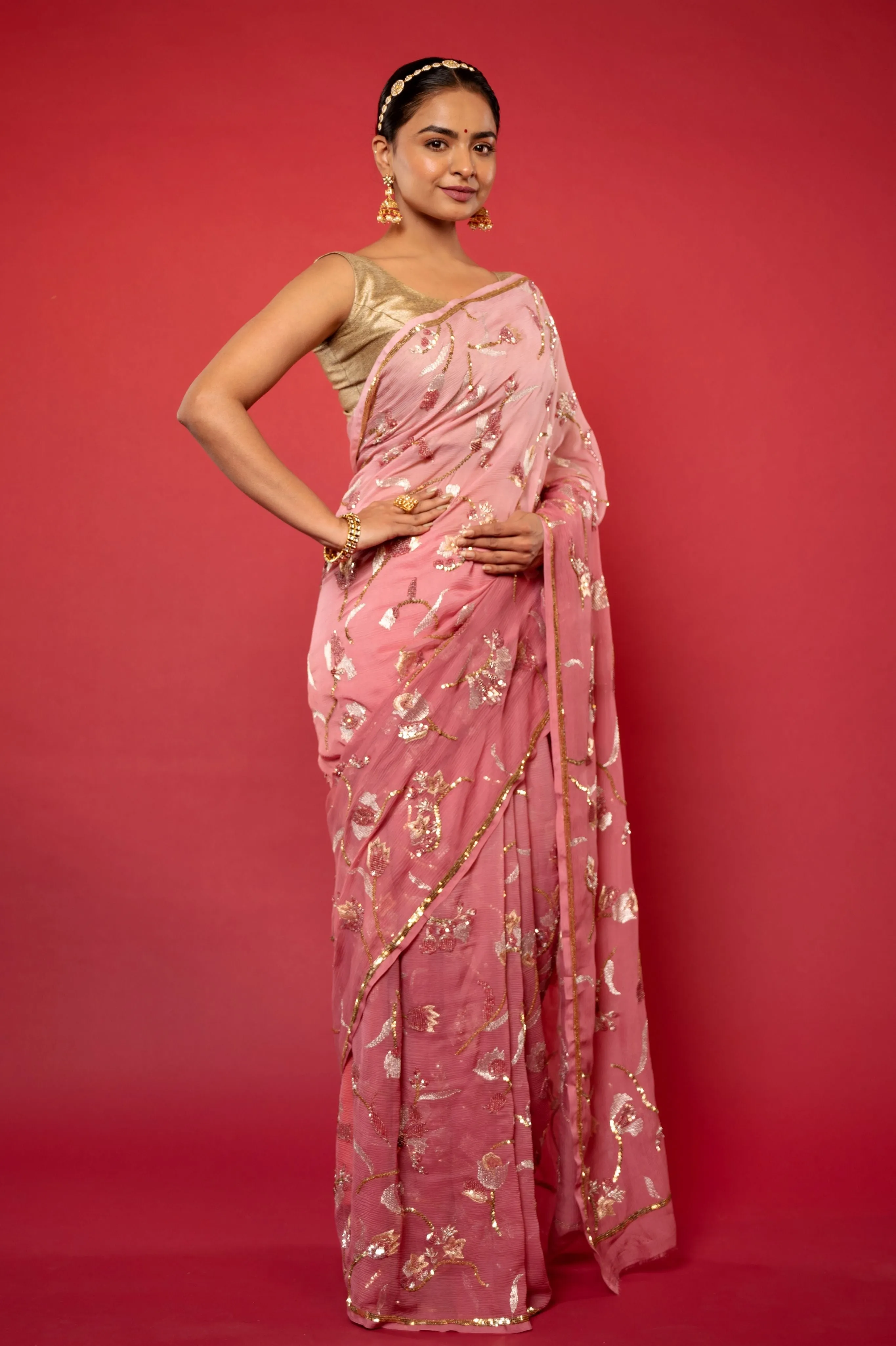 Pink Pure Chiffon Aari sequins Jaal work Saree