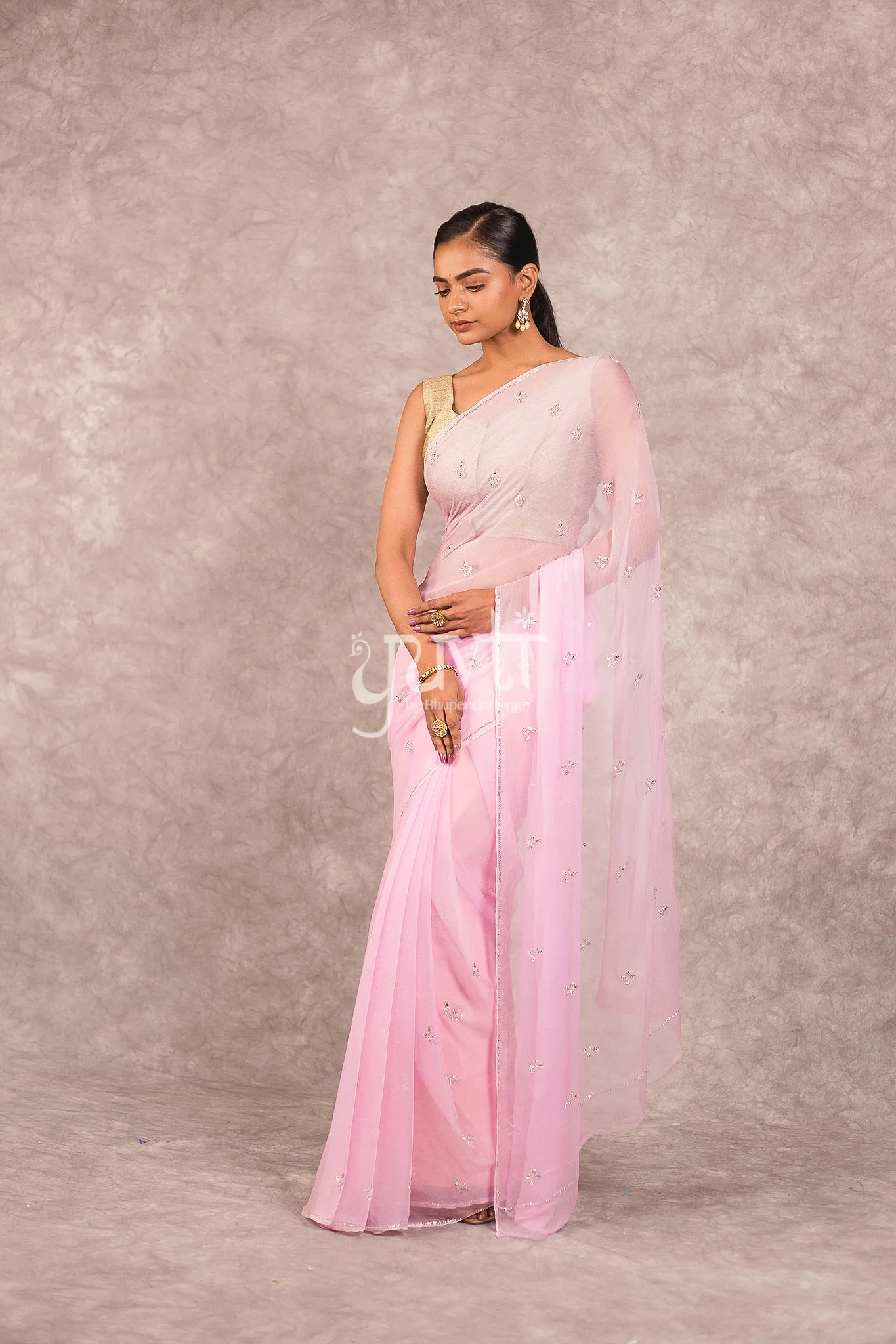 Pink Viscose Chiffon Kundan Kardhana work Saree