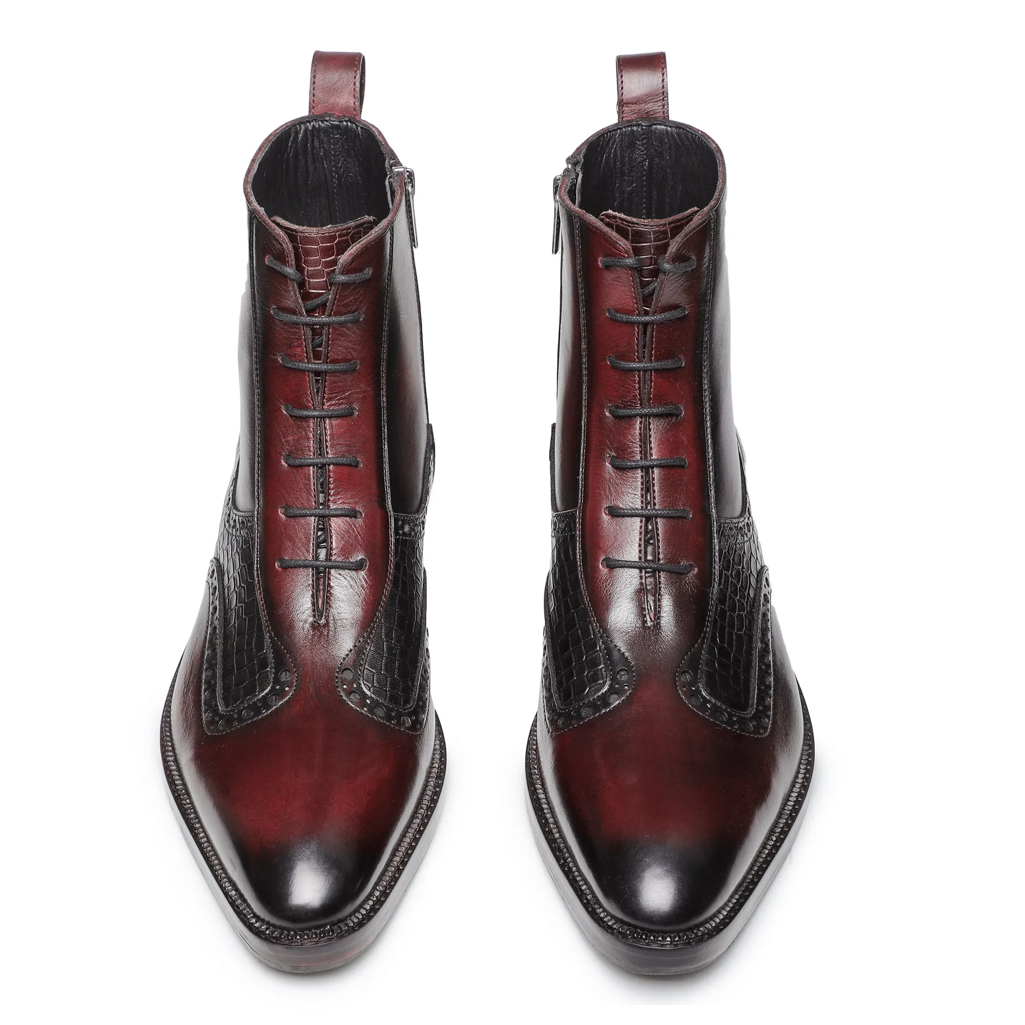 Plain Toe Lace up Boots with Zipper - Wine Red