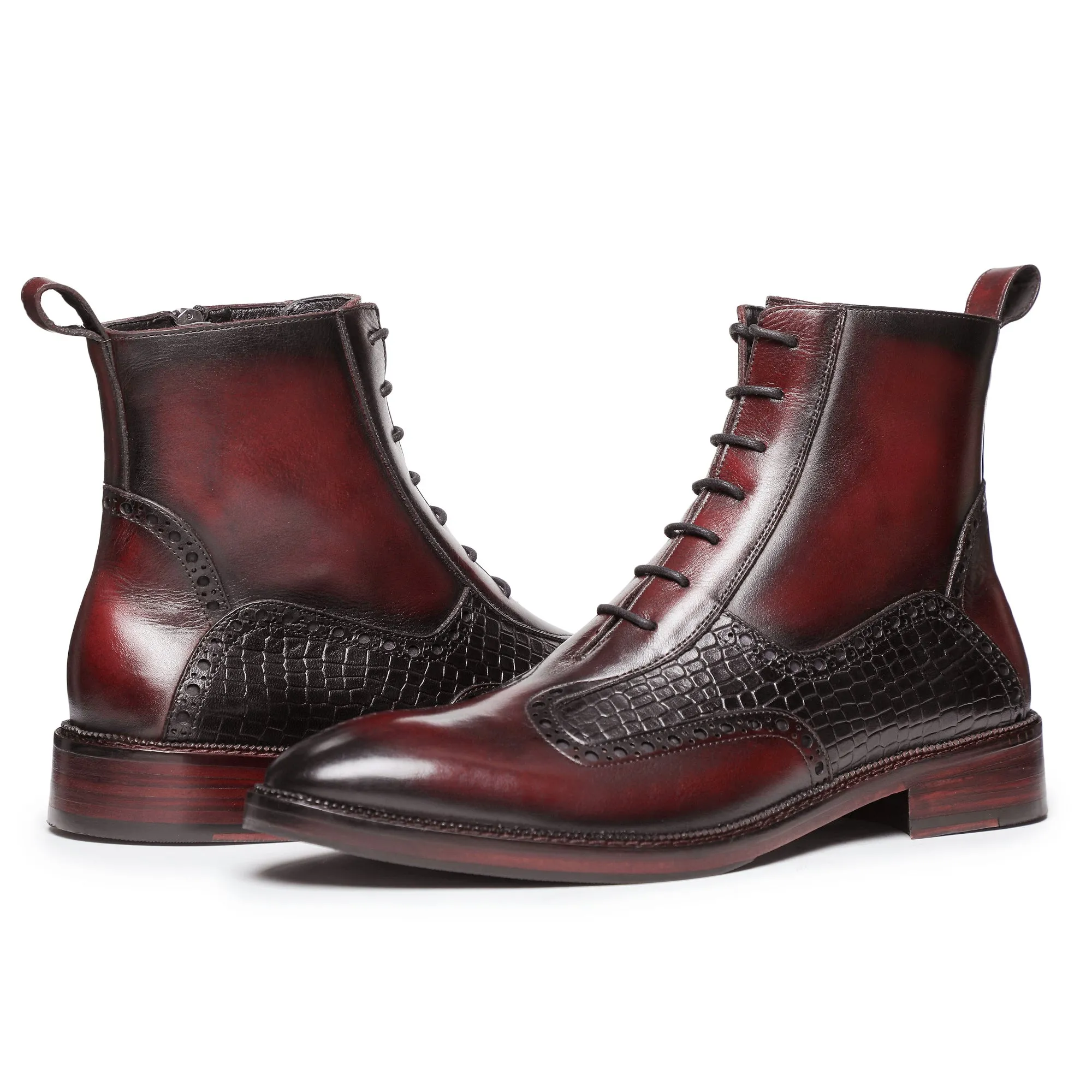 Plain Toe Lace up Boots with Zipper - Wine Red