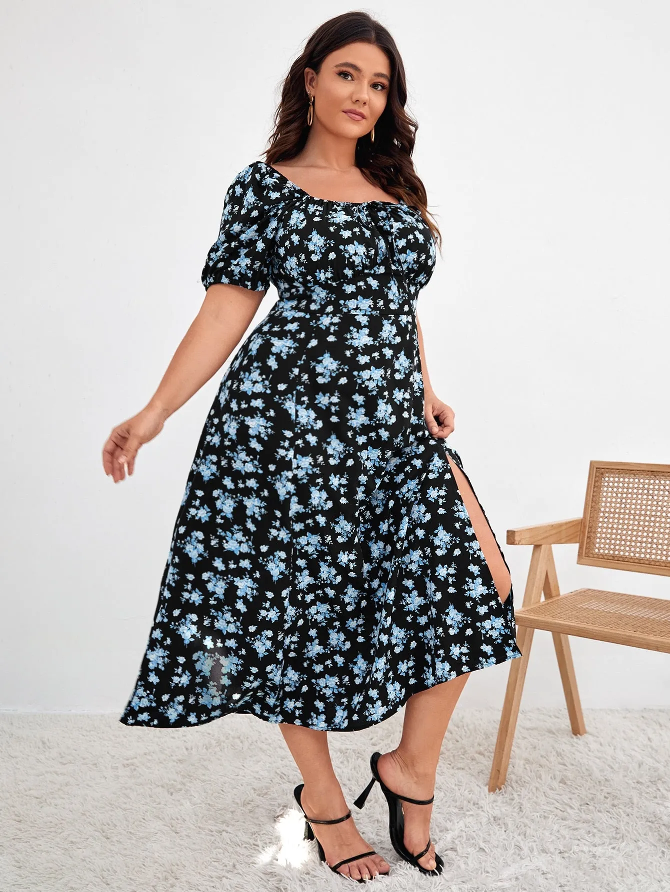 Plus Floral Print Puff Sleeve Knot Front Split Thigh Dress