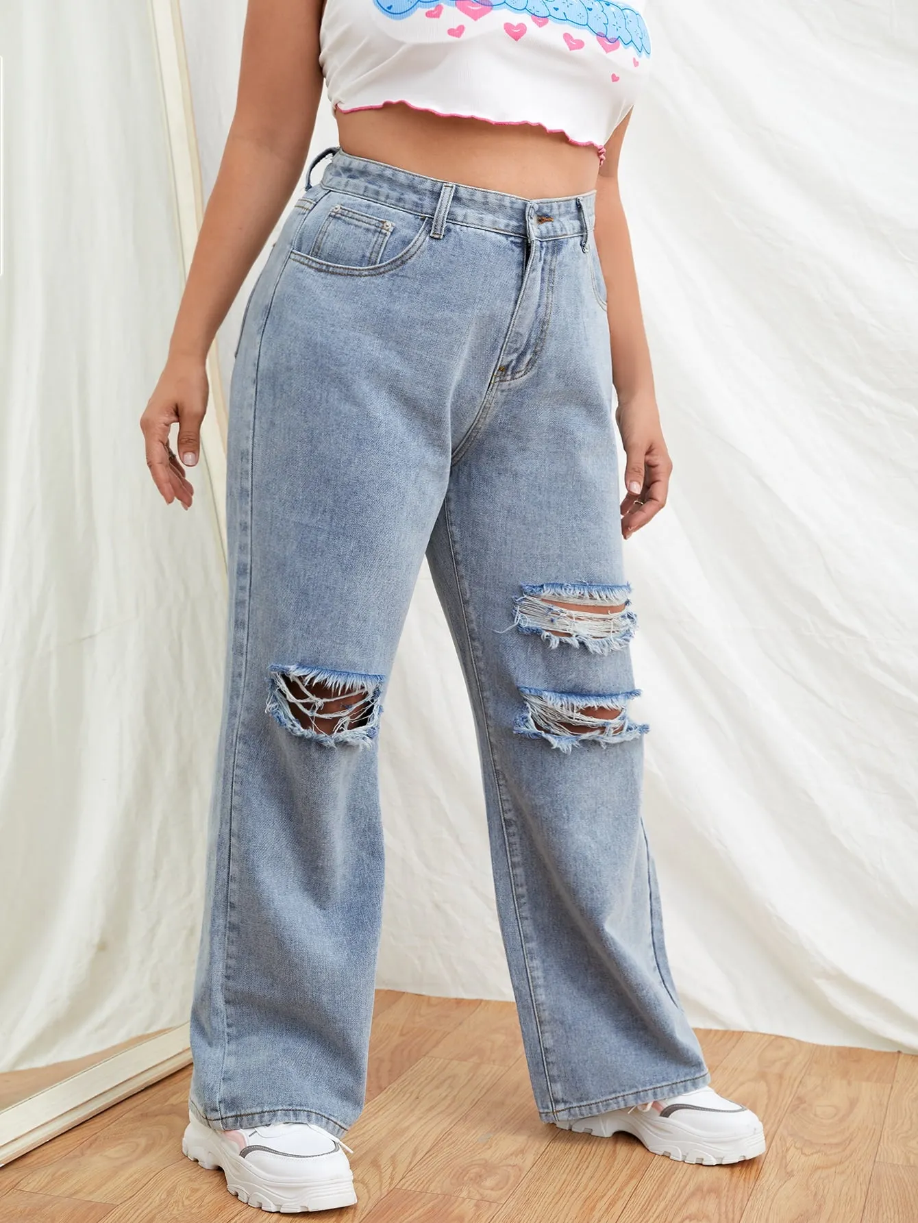 Plus High Waist Knee Ripped Wide Leg Jeans