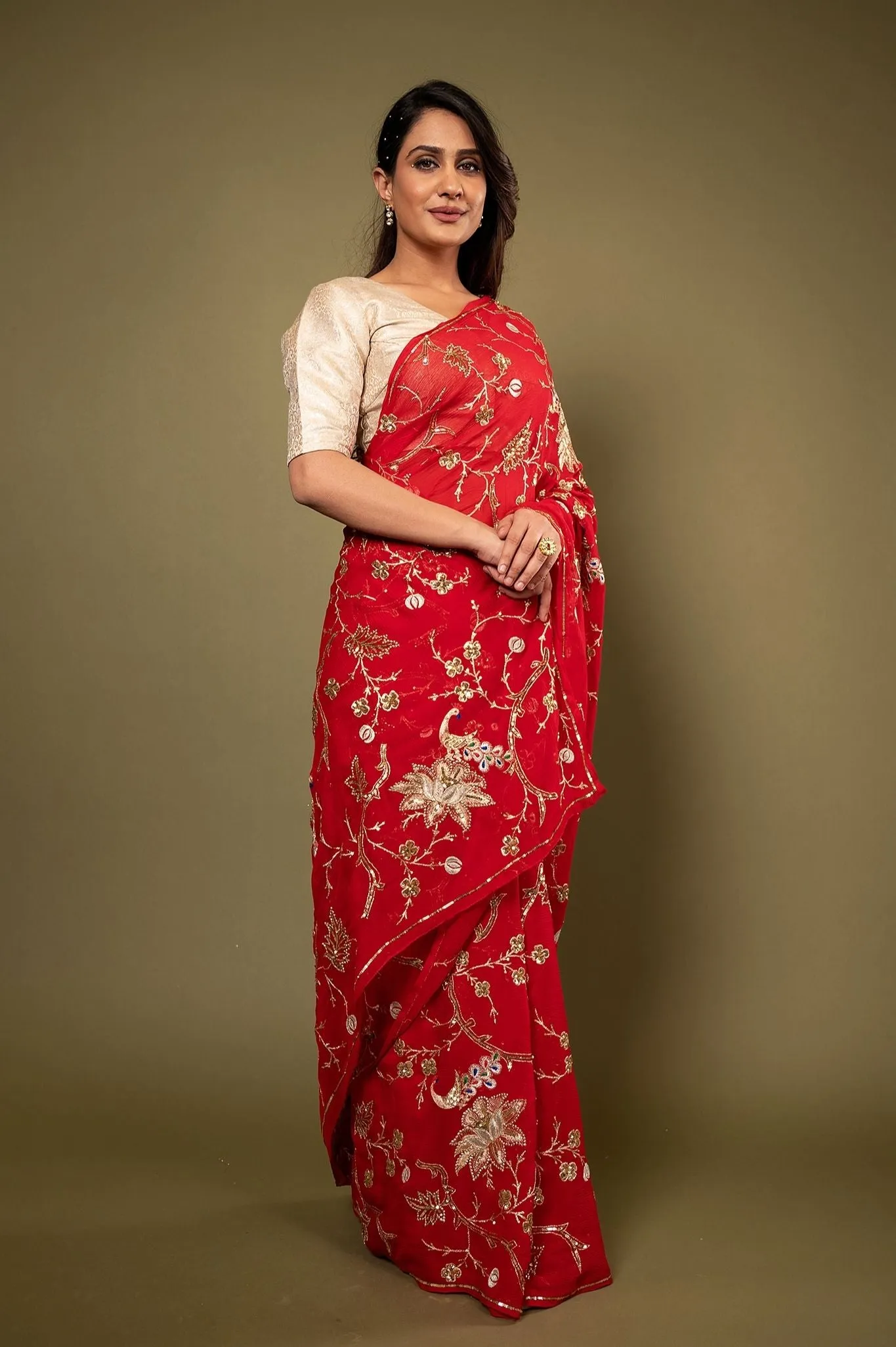 Pure Chiffon Aari Zardozi Work Saree