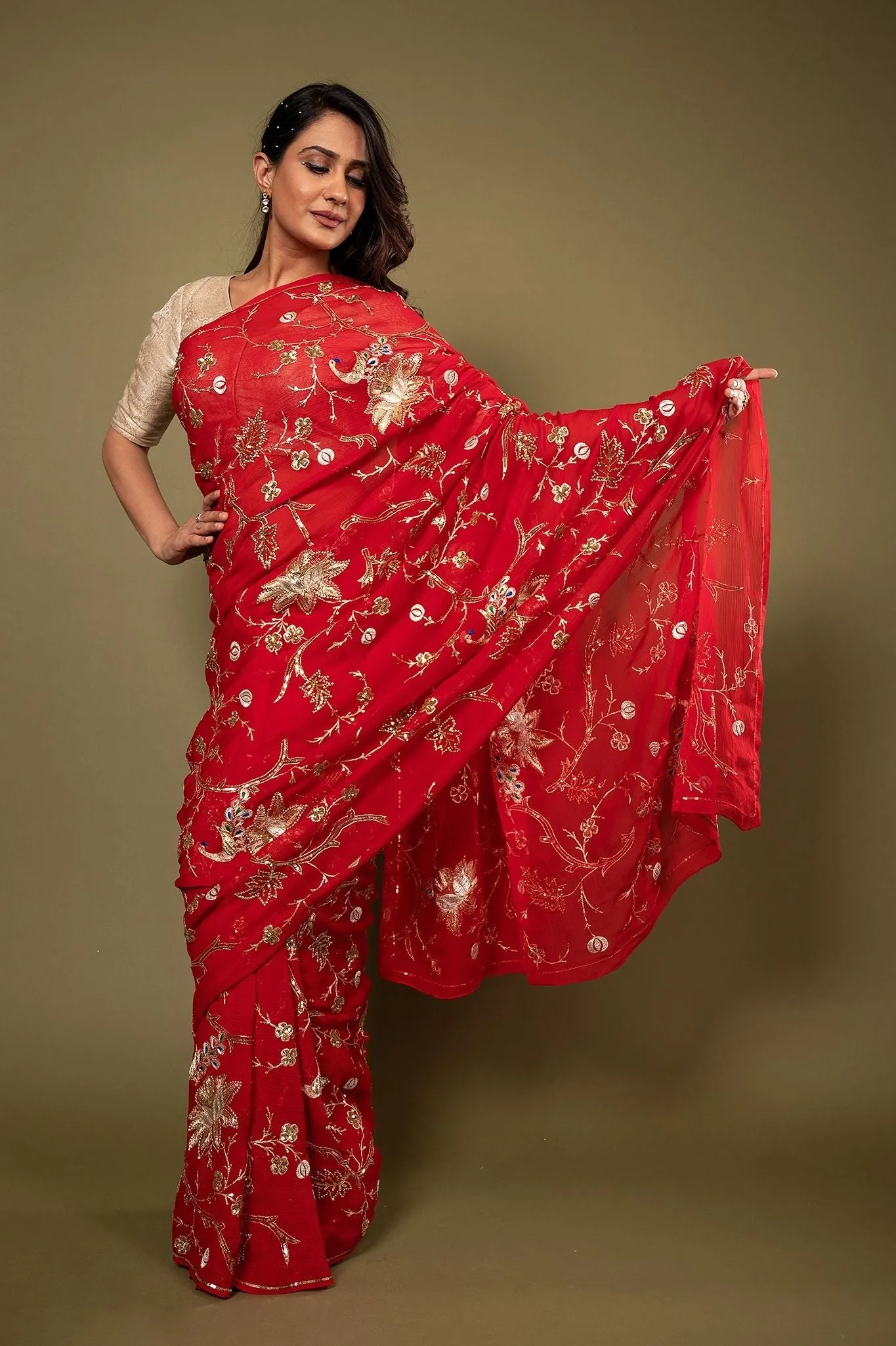 Pure Chiffon Aari Zardozi Work Saree