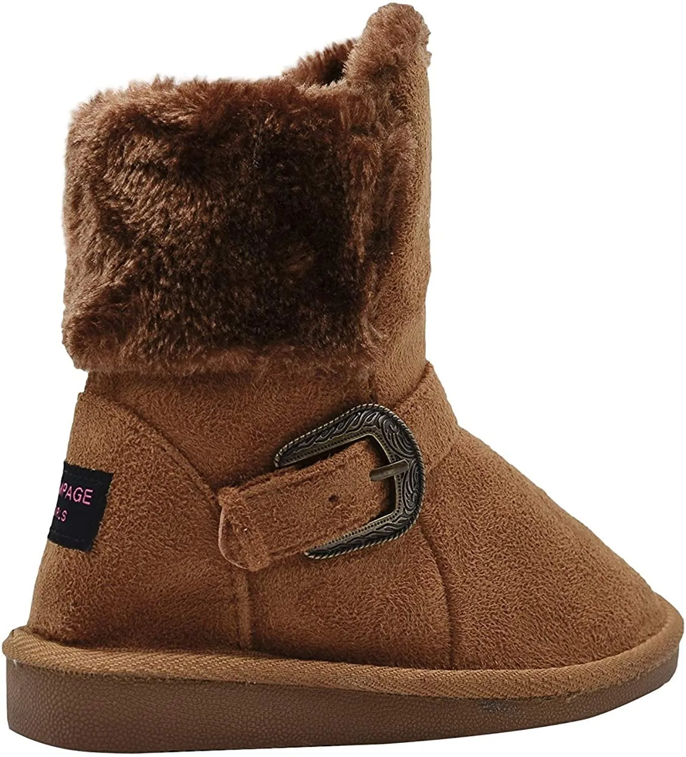 Rampage Girls' Big Kid Slip On Mid High Microsuede Winter Boots with Faux Fur Cuff and Western Buckle Black Size 11