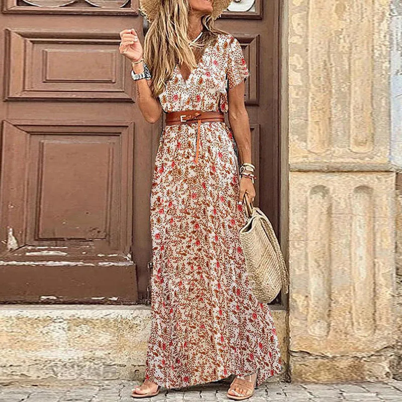 Retro Floral Thigh Slit Maxi Wrap Over Paisley Print Vacation Dress