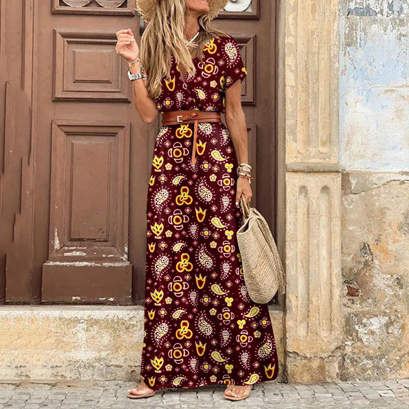 Retro Floral Thigh Slit Maxi Wrap Over Paisley Print Vacation Dress