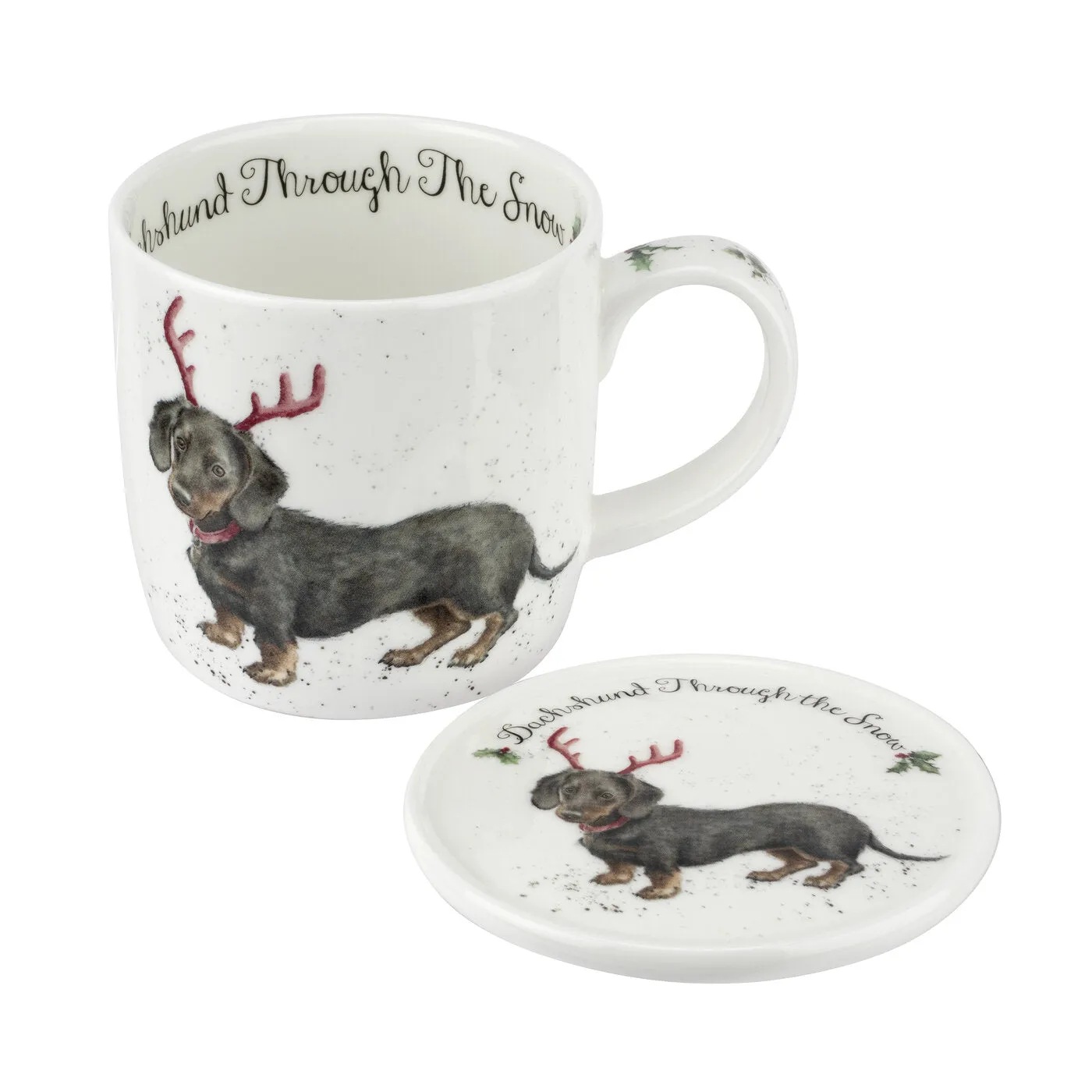 Royal Worcester Wrendale Designs Dachshund Through The Snow Mug & Coaster Set