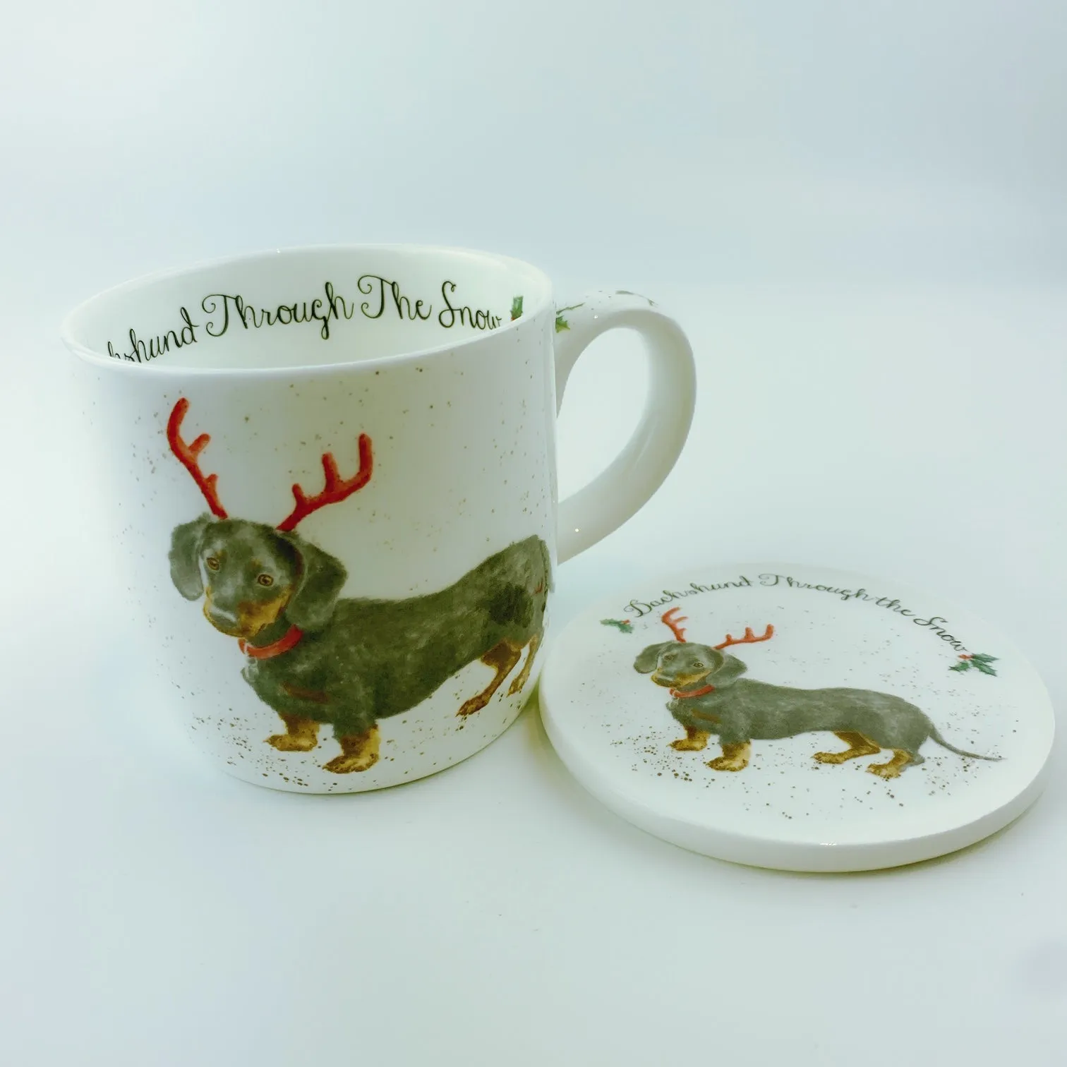 Royal Worcester Wrendale Designs Dachshund Through The Snow Mug & Coaster Set