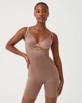 Satin Shaping Mesh Open-Bust Mid-Thigh Bodysuit