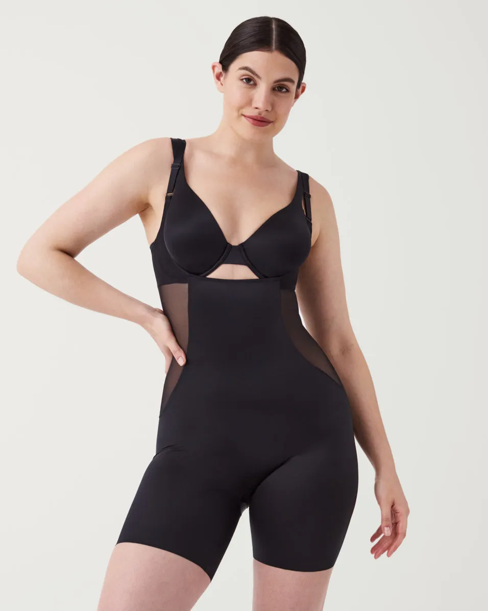 Satin Shaping Mesh Open-Bust Mid-Thigh Bodysuit