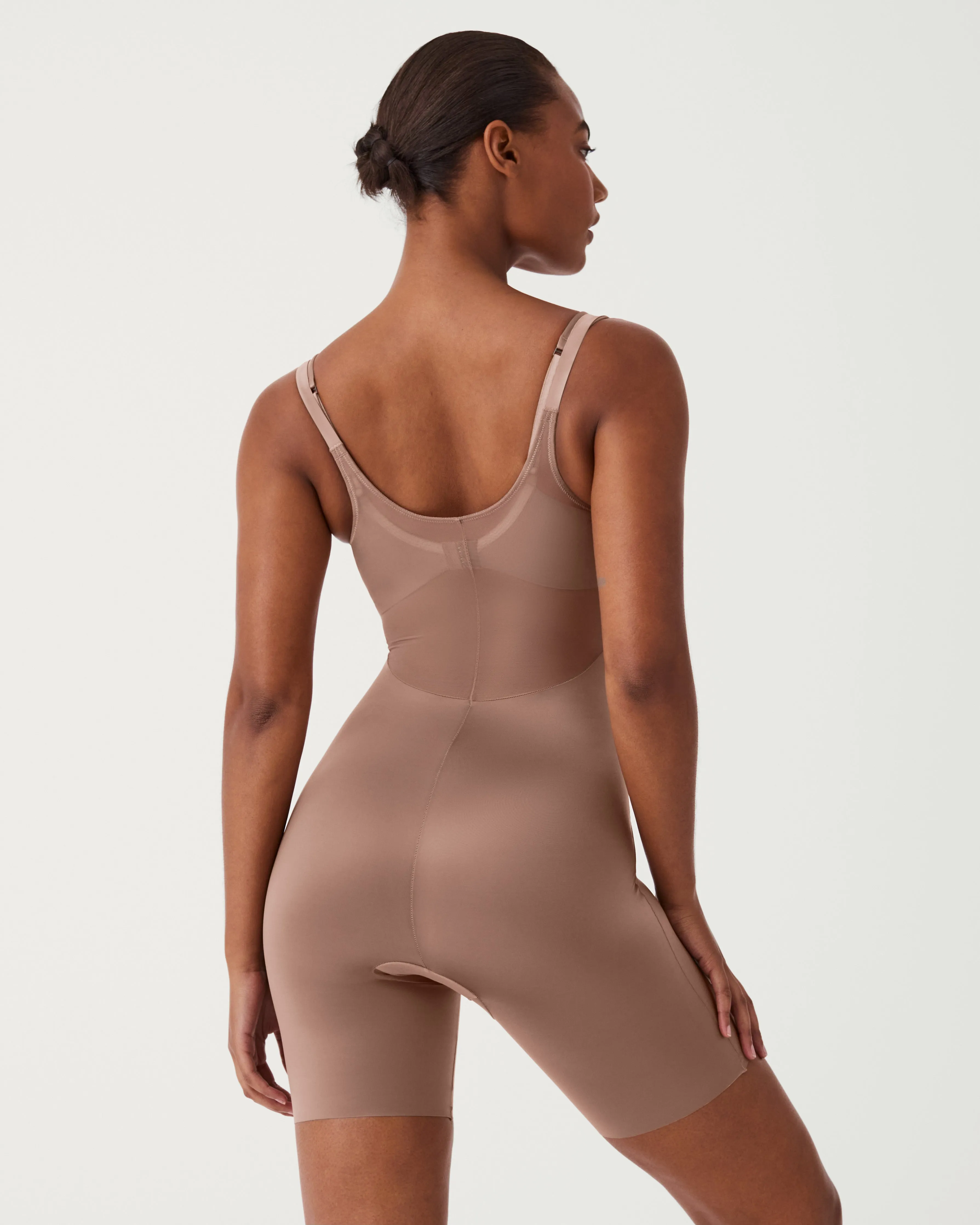 Satin Shaping Mesh Open-Bust Mid-Thigh Bodysuit