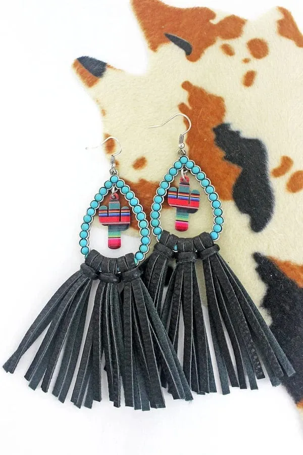 Serape rain wood CACTUS fringe EARRINGS