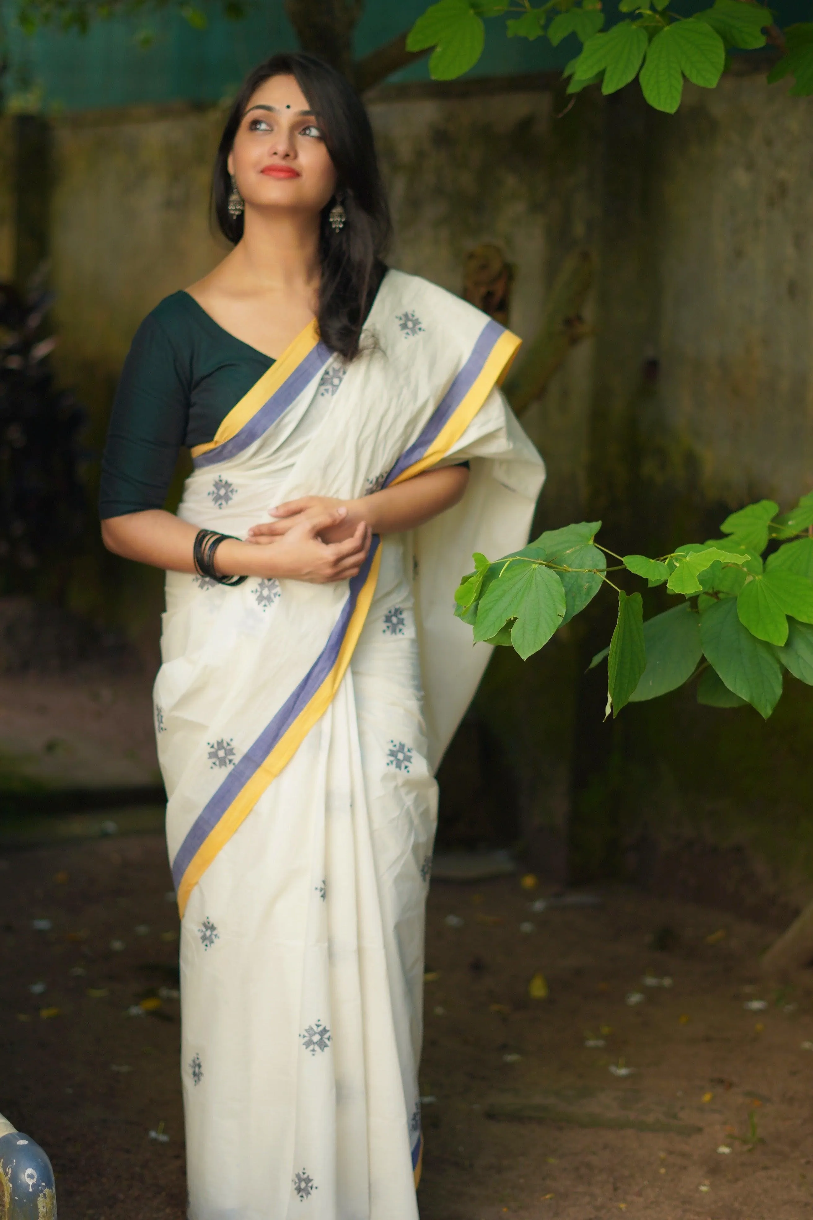 Sitara -  Navya Kerala cotton saree with Kantha work