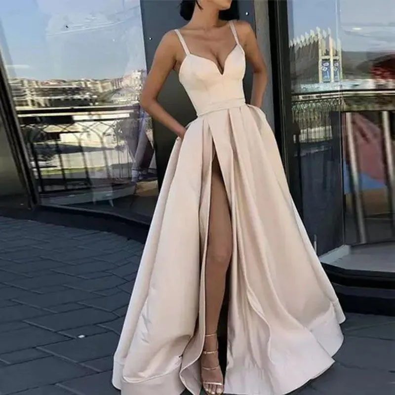 Slinky Satin Bustier V Neck Thigh High Split Maxi Dress