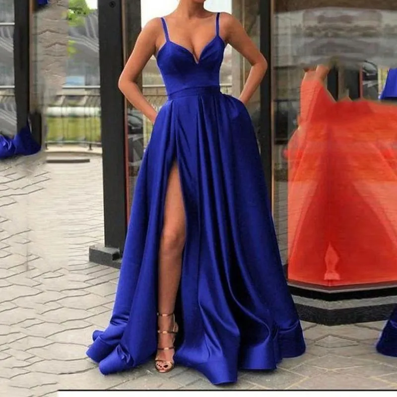 Slinky Satin Bustier V Neck Thigh High Split Maxi Dress