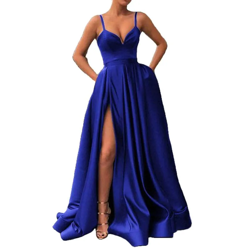 Slinky Satin Bustier V Neck Thigh High Split Maxi Dress