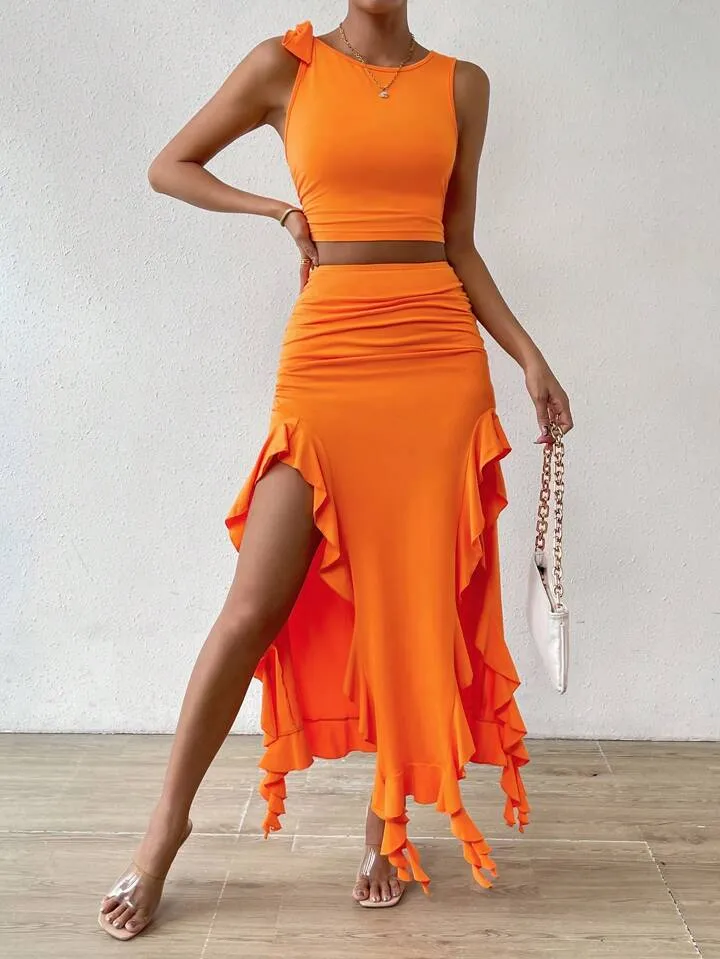 Solid tank top & ruffle trim split thigh skirt in orange