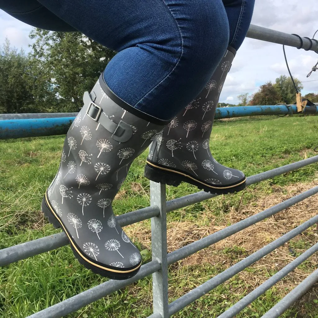 Wide Calf Grey Dandelion Wellies for Women - Wide in Foot and Ankle