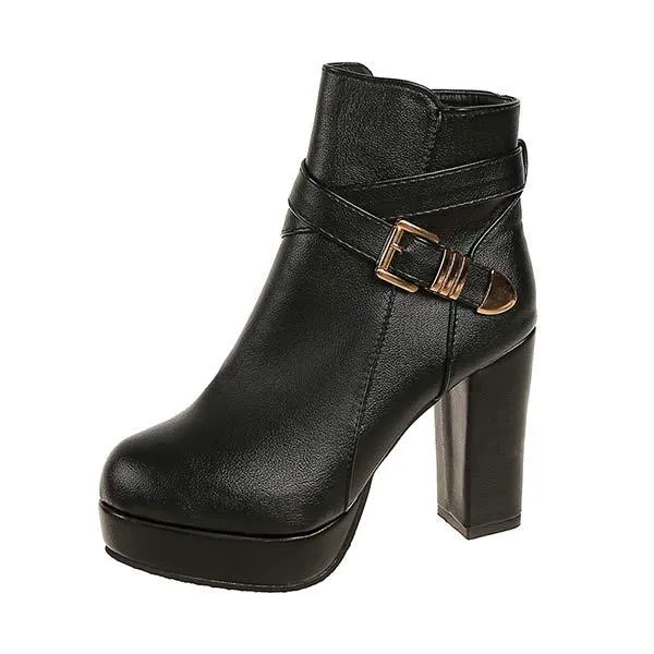 Women's Buckled Belt Side-Zip Chunky Heel Fashion Boots 02694758C