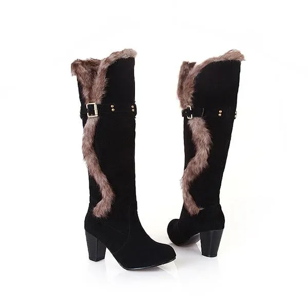 Women's Casual Belt Buckle Fur Collar Block Heel Boots 77448430S