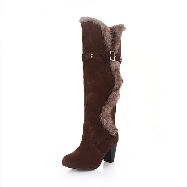 Women's Casual Belt Buckle Fur Collar Block Heel Boots 77448430S