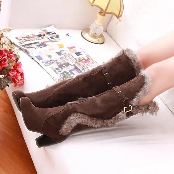 Women's Casual Belt Buckle Fur Collar Block Heel Boots 77448430S