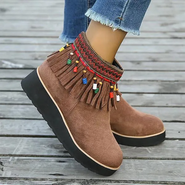 Women's Casual Ethnic Side Zipper Tassel Wedge Short Boots 32252938S