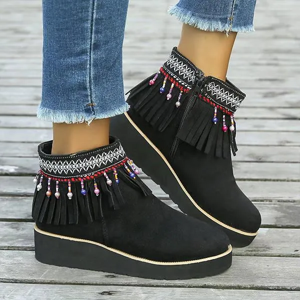 Women's Casual Ethnic Side Zipper Tassel Wedge Short Boots 32252938S