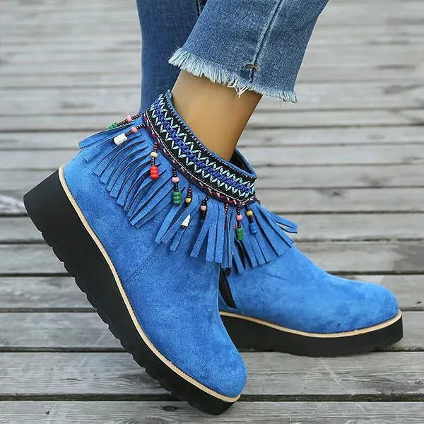 Women's Casual Ethnic Side Zipper Tassel Wedge Short Boots 32252938S