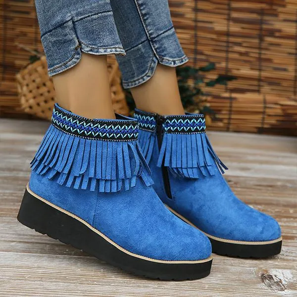 Women's Casual Ethnic Style Tassel Thick Sole Short Boots 92494763S